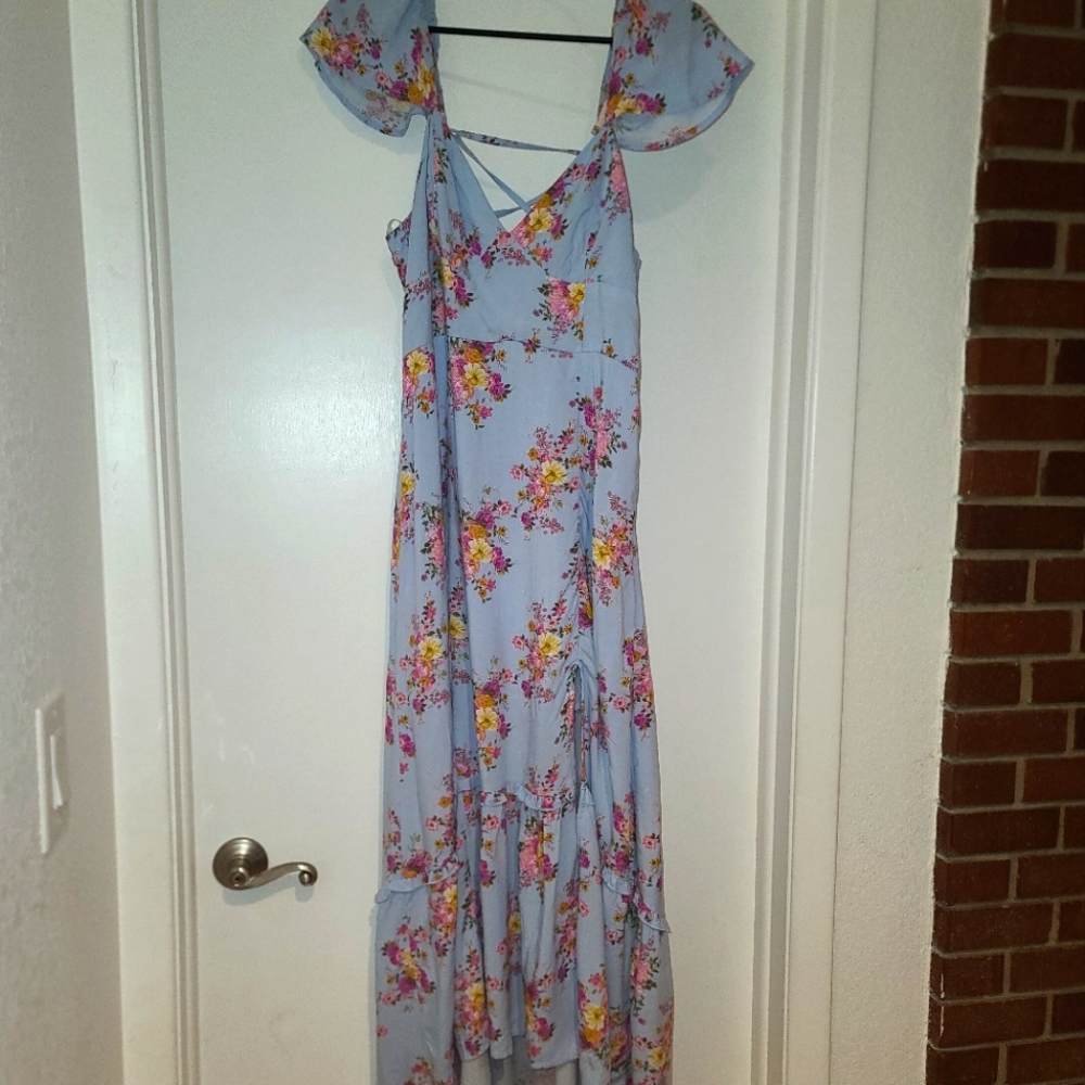 Rewind Light Blue Floral Backless Maxi Dress